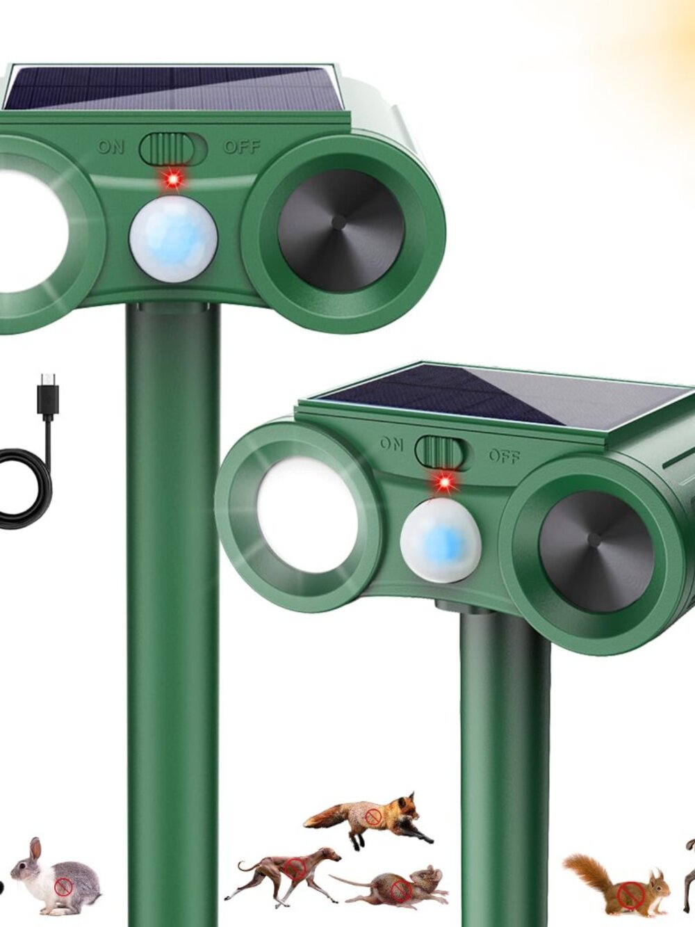 Solar Ultrasonic Animal Repellent 2 Pack Outdoor Motion Sensor Flashing Lights